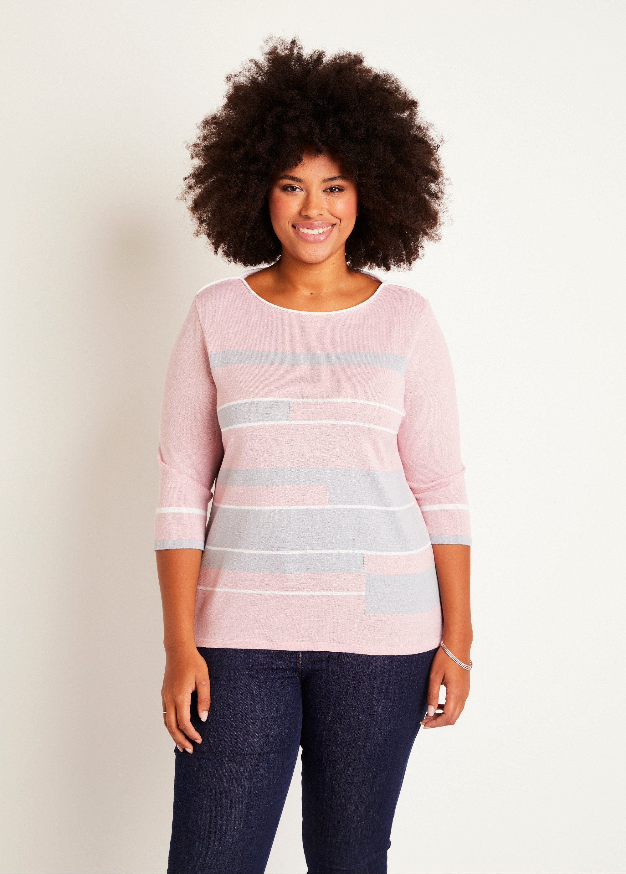 3/4_sleeve_boat_neck_sweater_with_striped_jacquard_front_Pink_and_gray_FA1_curvy