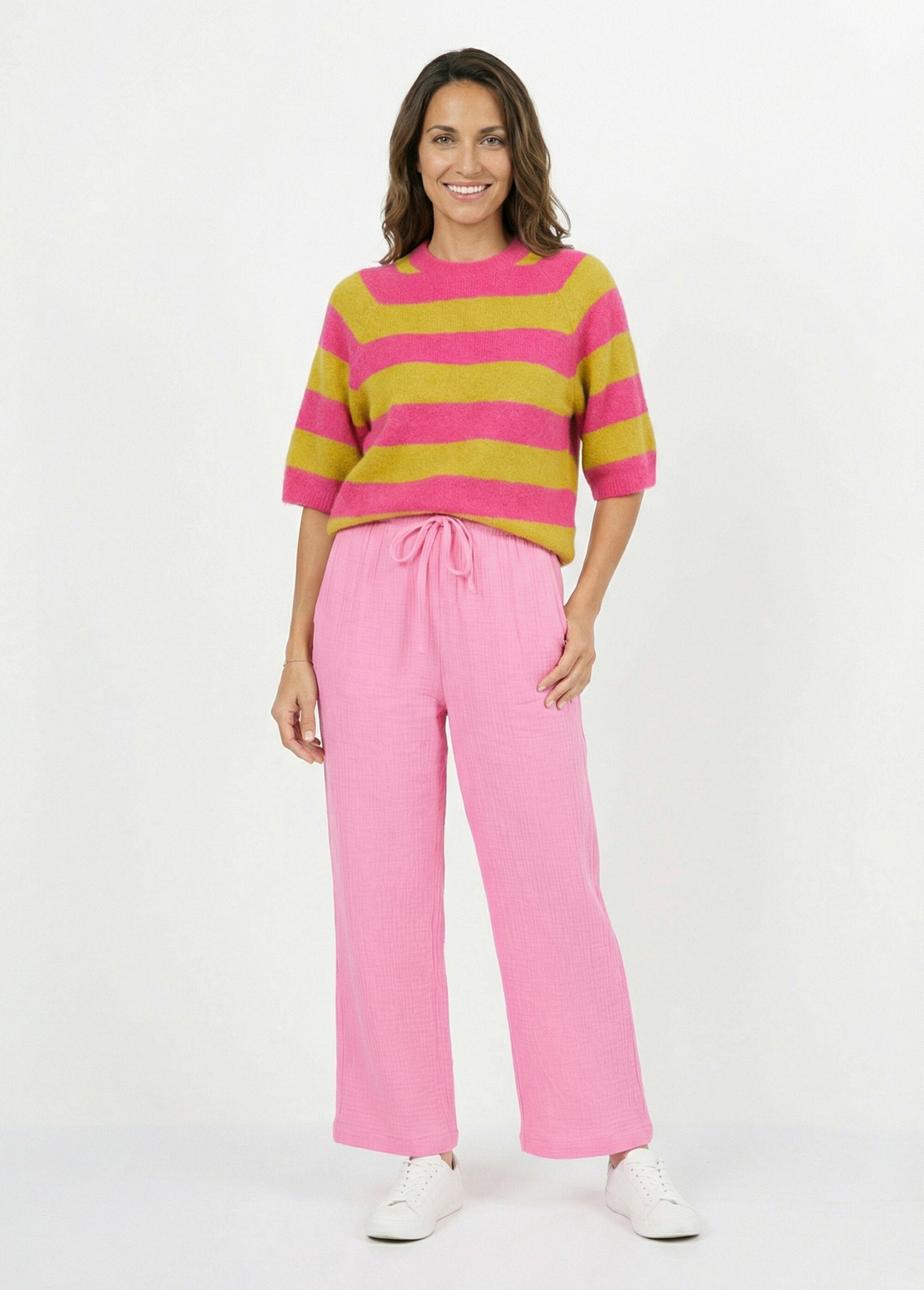 Short-sleeved_striped_sweater_with_wool_Fuchsia_and_olive_green_SF1_slim