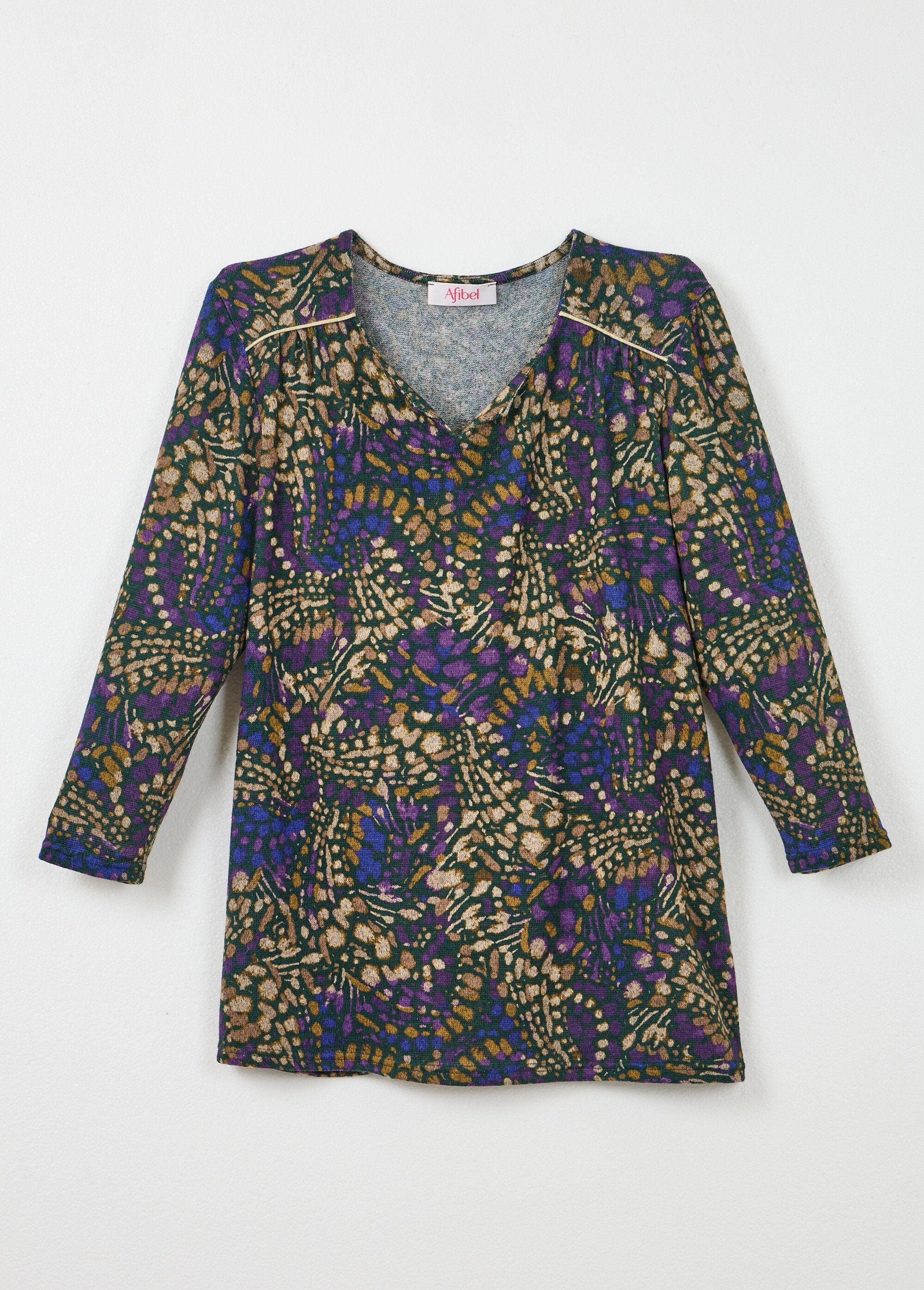 Long_flared_t-shirt_with_3/4_sleeves_and_tachist_print_Purple_and_beige_AP1_slim