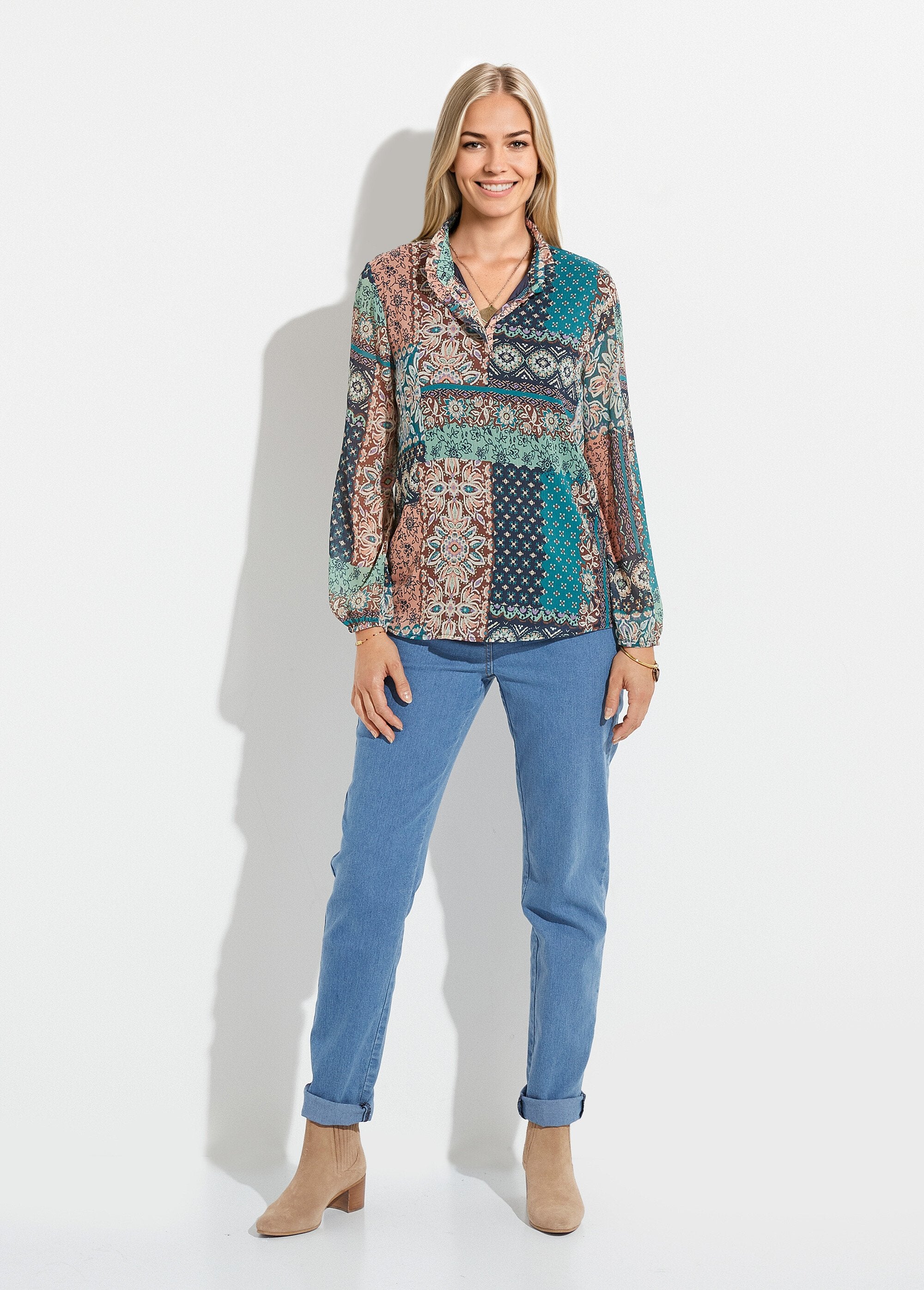 Tunic_with_ruffled_collar_in_crepe_voile_and_patchwork_print_Green_and_ecru_SF1_slim