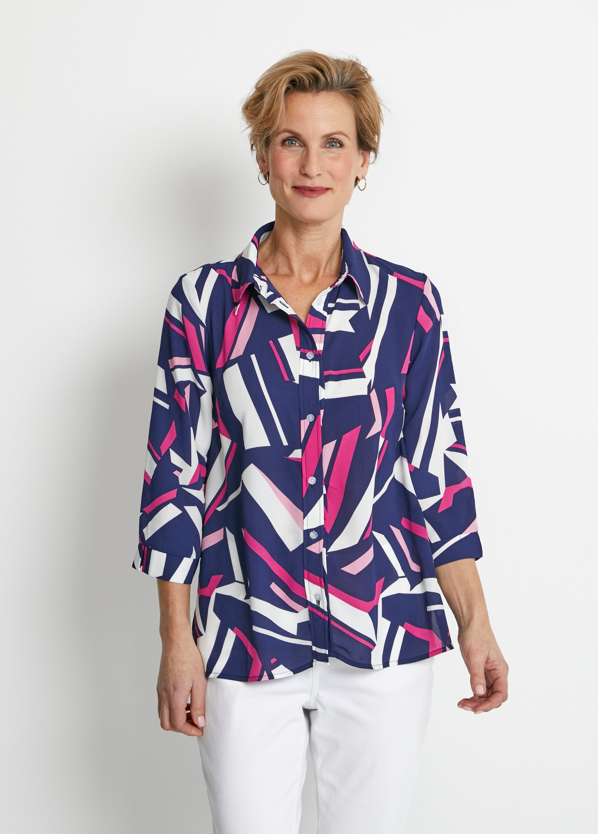 Straight_graphic_blouse_with_3/4_sleeves_Navy_and_fuchsia_FA1_slim