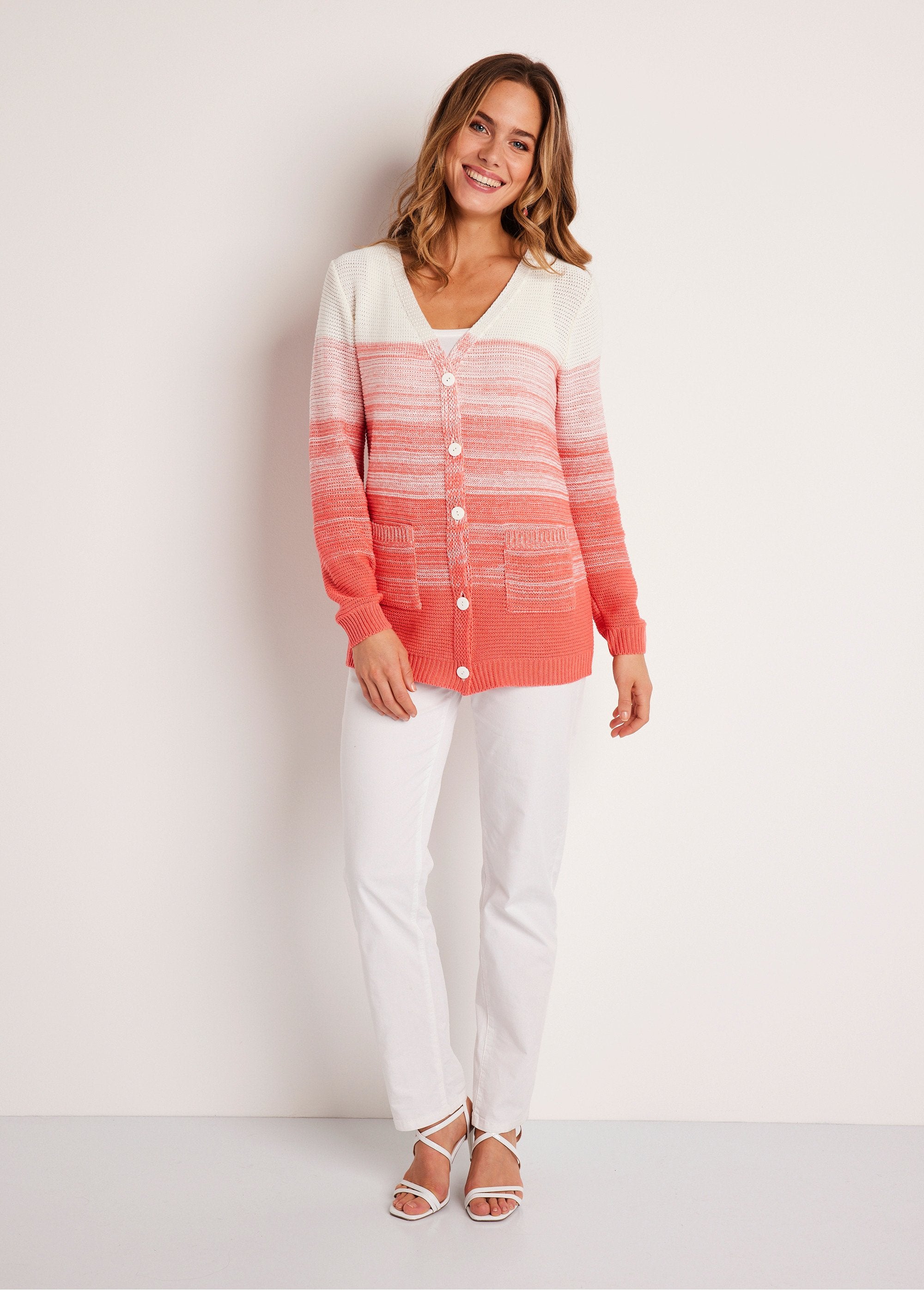 Long_buttoned_V-neck_cotton_cardigan_White_and_coral_SF1_slim