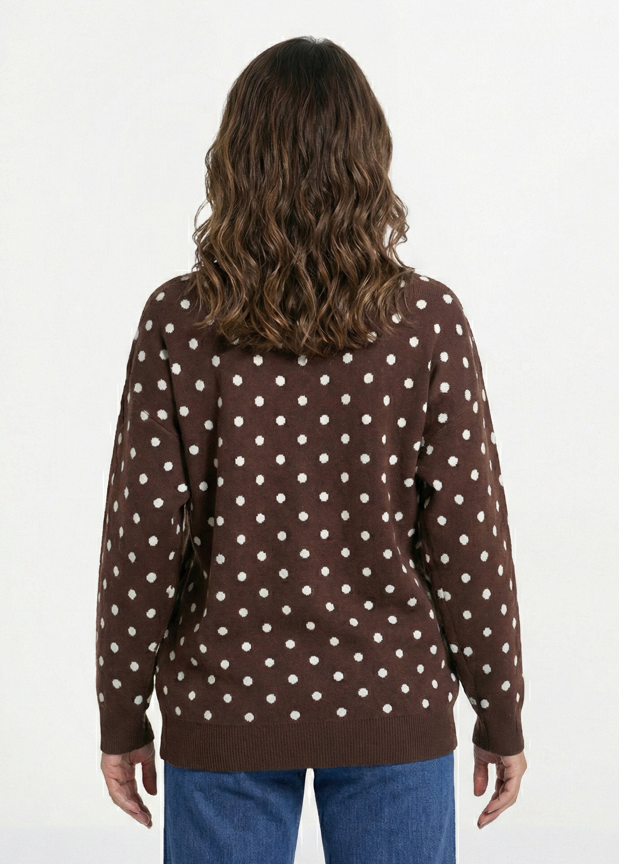 Pull_à_pois_col_rond,_maille_jacquard_Chocolat_DO1_slim