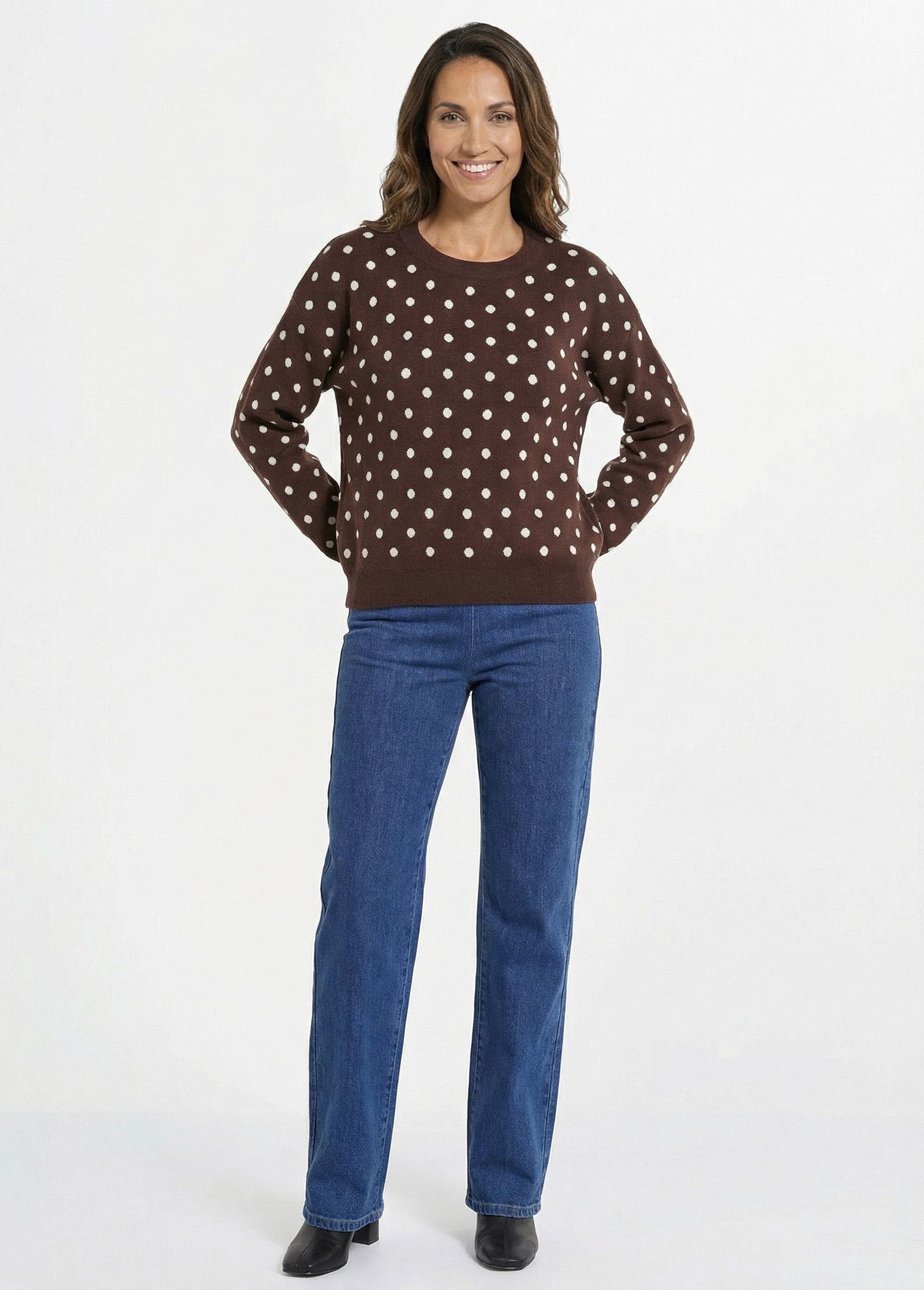 Pull_à_pois_col_rond,_maille_jacquard_Chocolat_SF1_slim