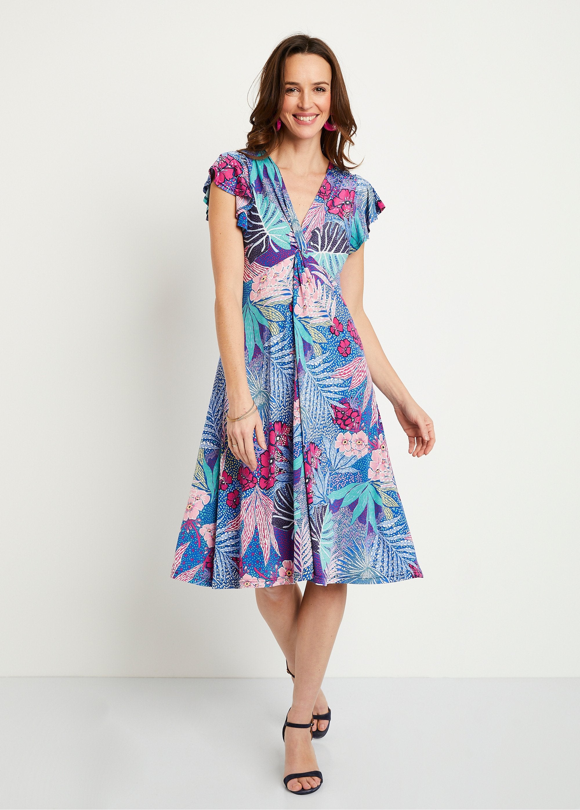 Short_flared_dress_with_draped_V-neck_Blue_and_fuchsia_FA1_slim