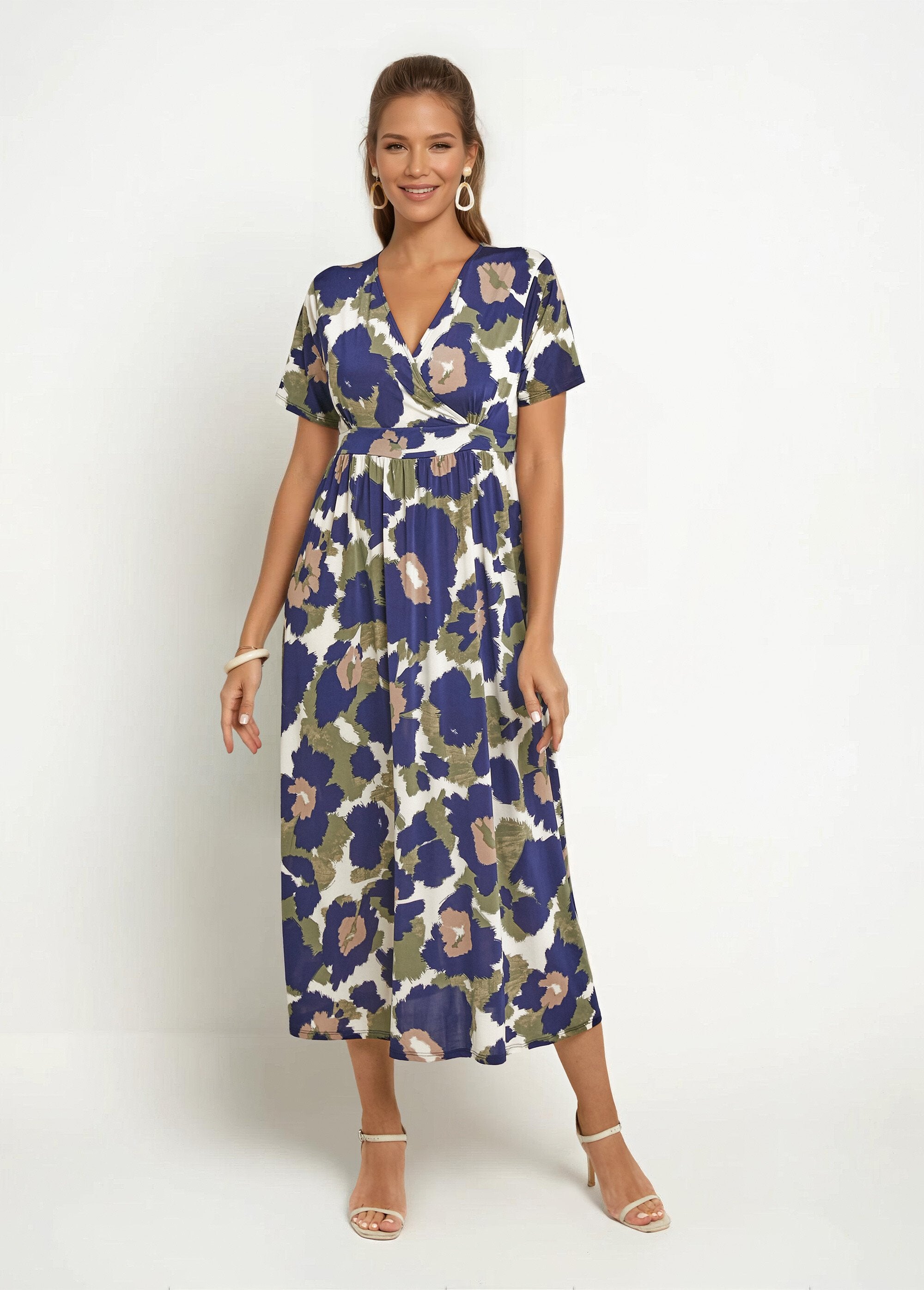 Long_dress_with_short_sleeves,_stylized_floral_Navy_and_khaki_FA1_slim