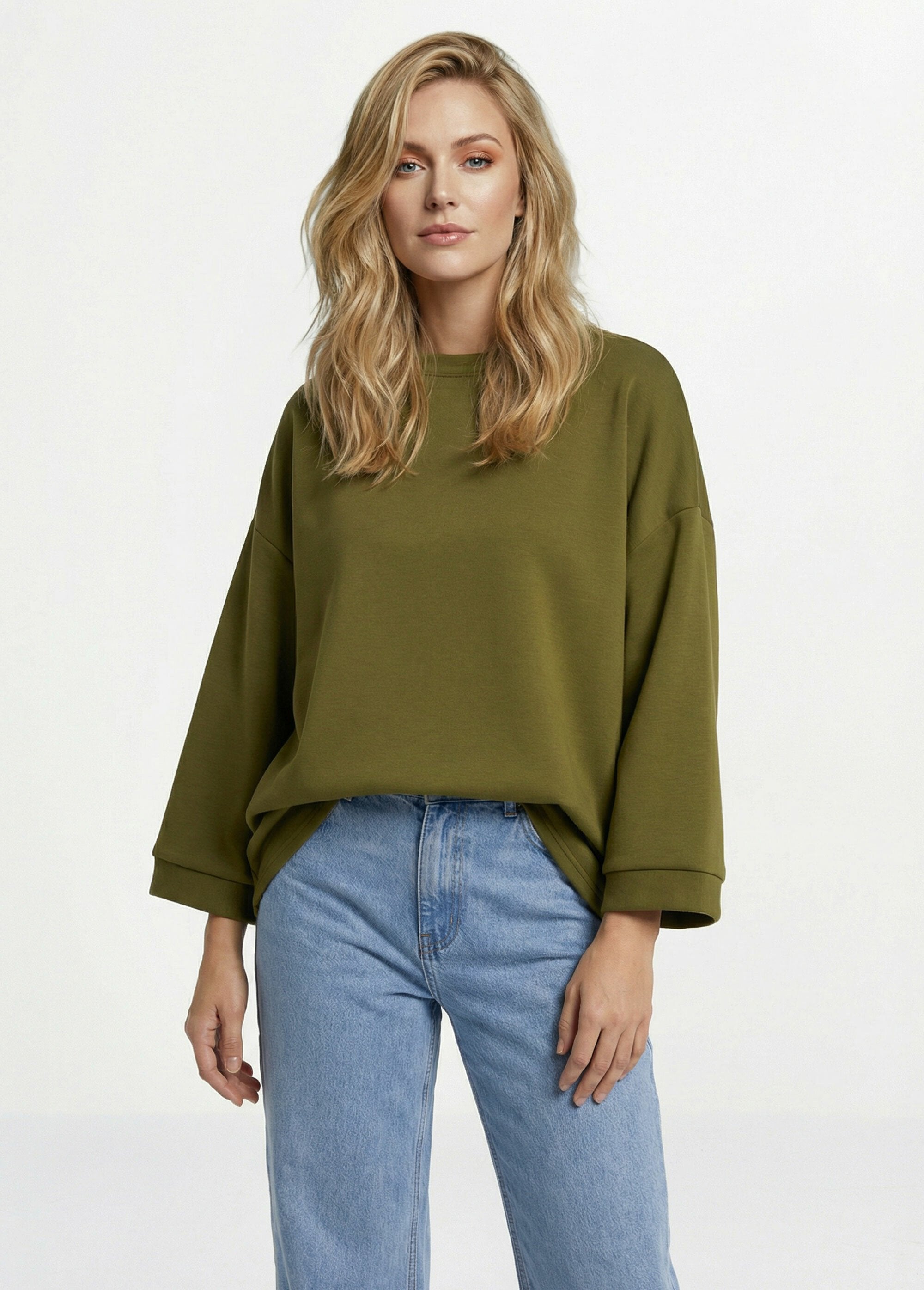 Wide_round_neck_sweatshirt,_3/4_sleeves_Olive_green_FA1_slim