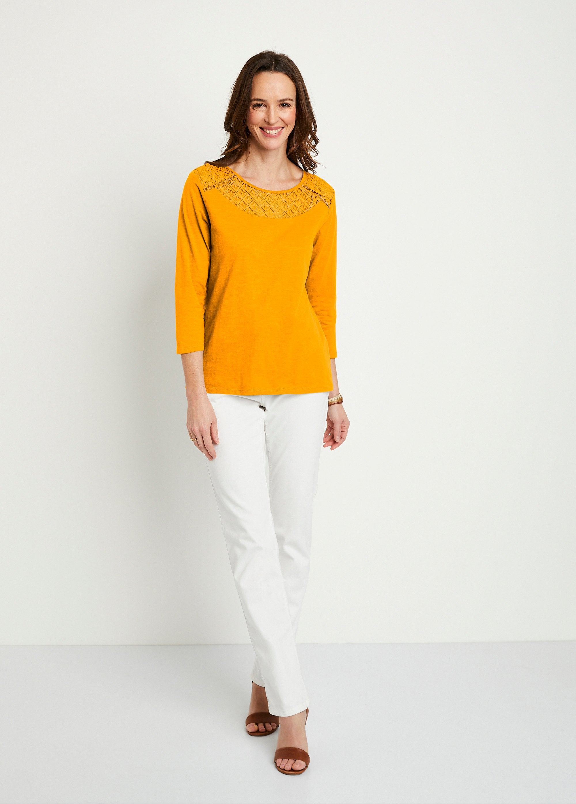 Cotton_and_lace_3/4_sleeve_t-shirt_Saffron_SF1_slim