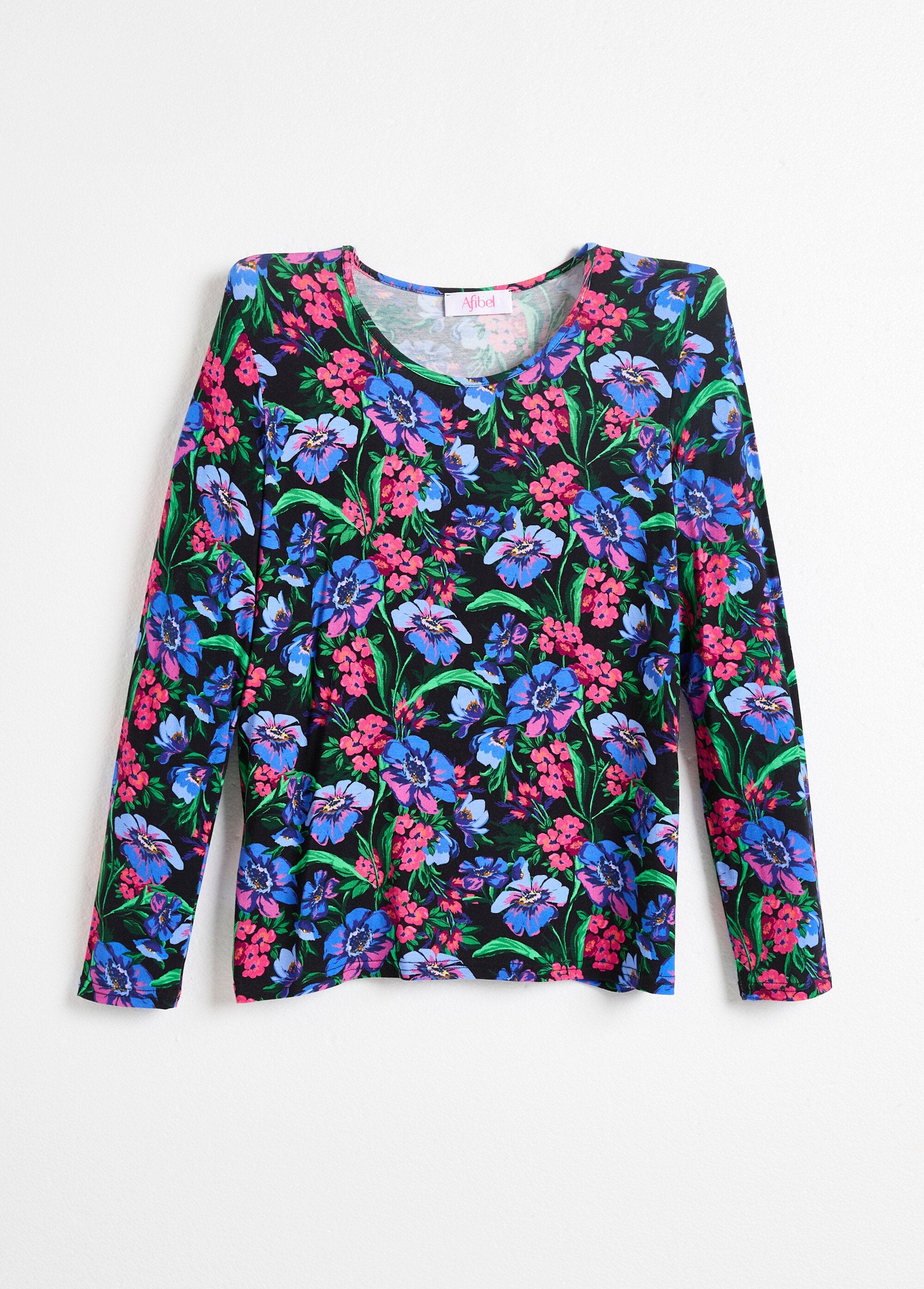 Floral_long-sleeved,_round-neck_straight-cut_T-shirt_Fuchsia_and_blue_AP1_slim