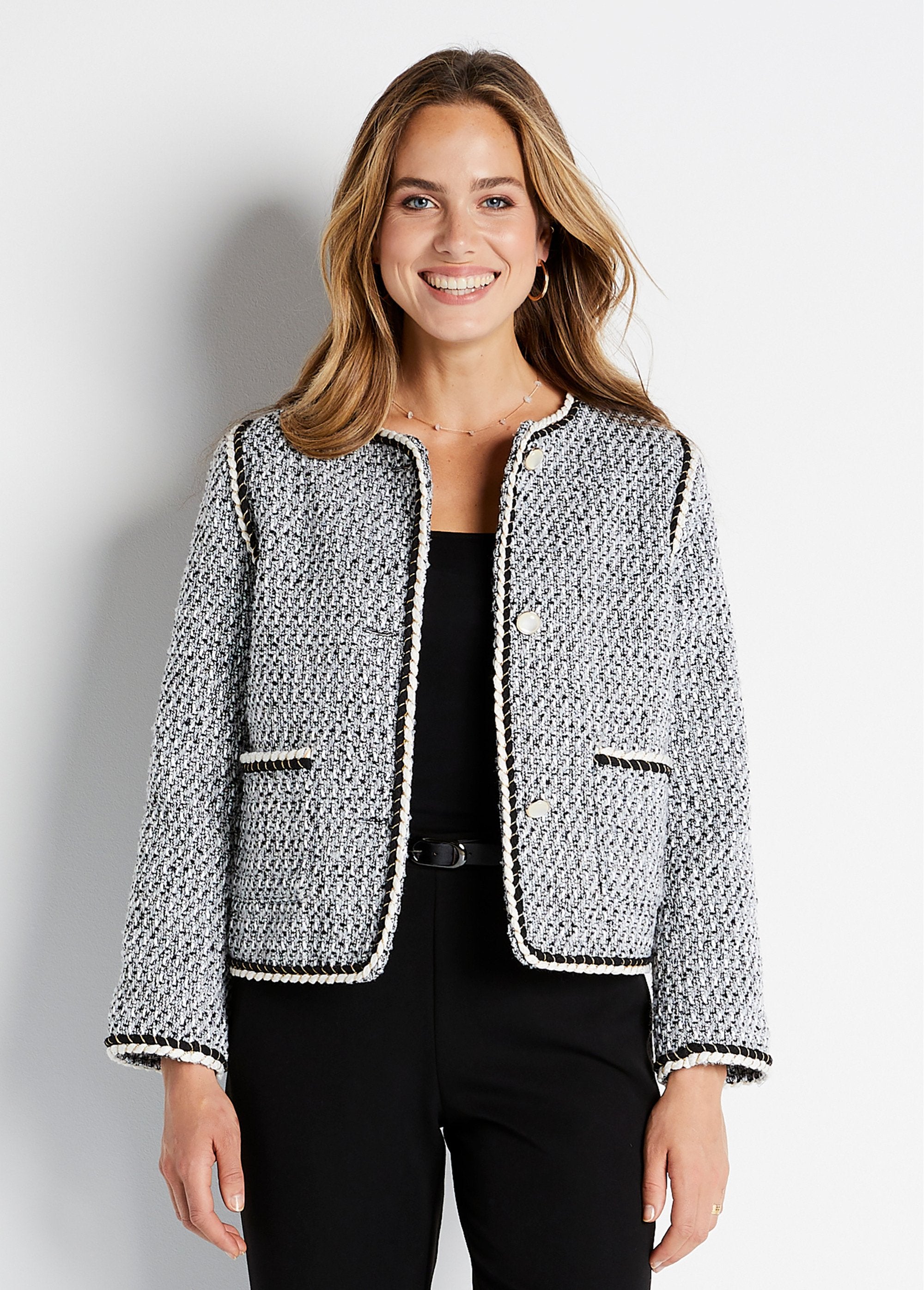 Short_collarless_jacket_in_tweed_effect_fabric_Black_and_white_FA1_slim